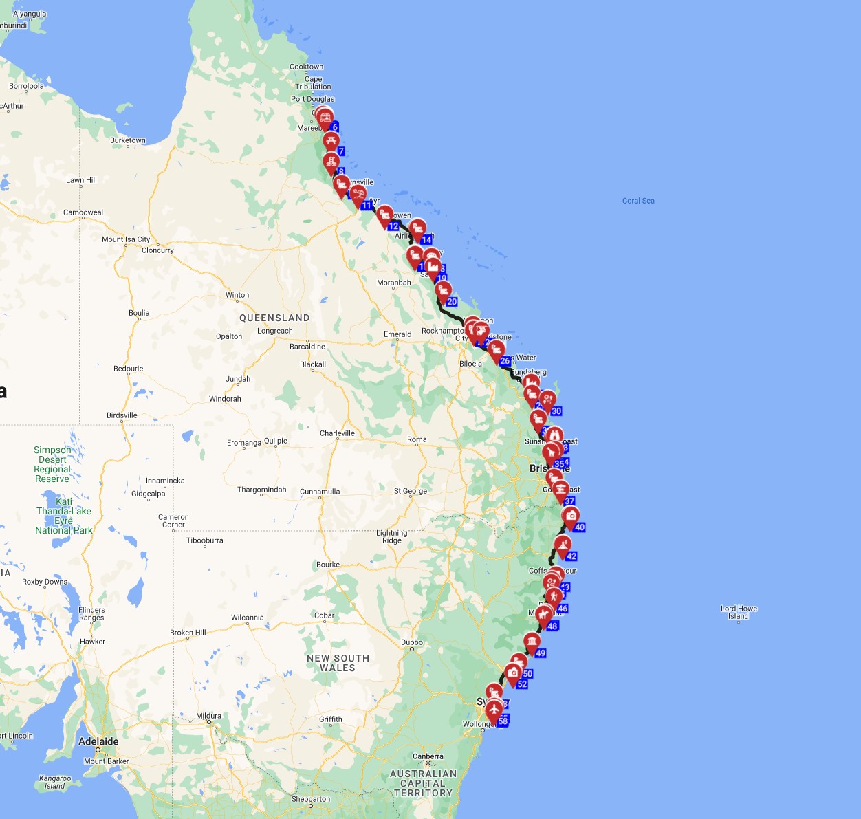 Map for Cairns to Sydney - Coastal Dreams The East Coast Journey